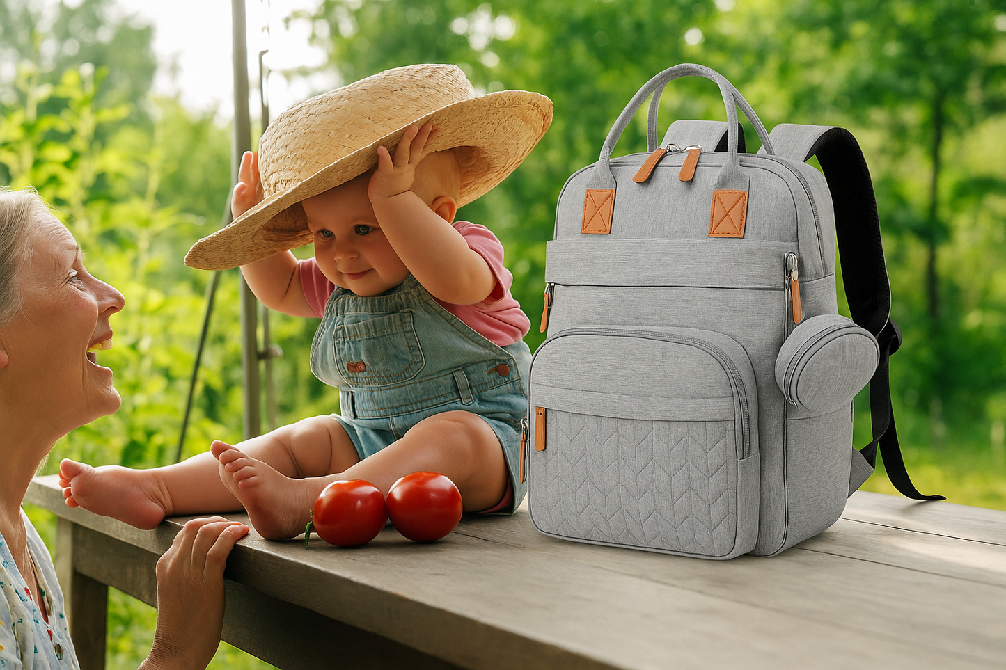 sac a langer maman et bebe dans jardin