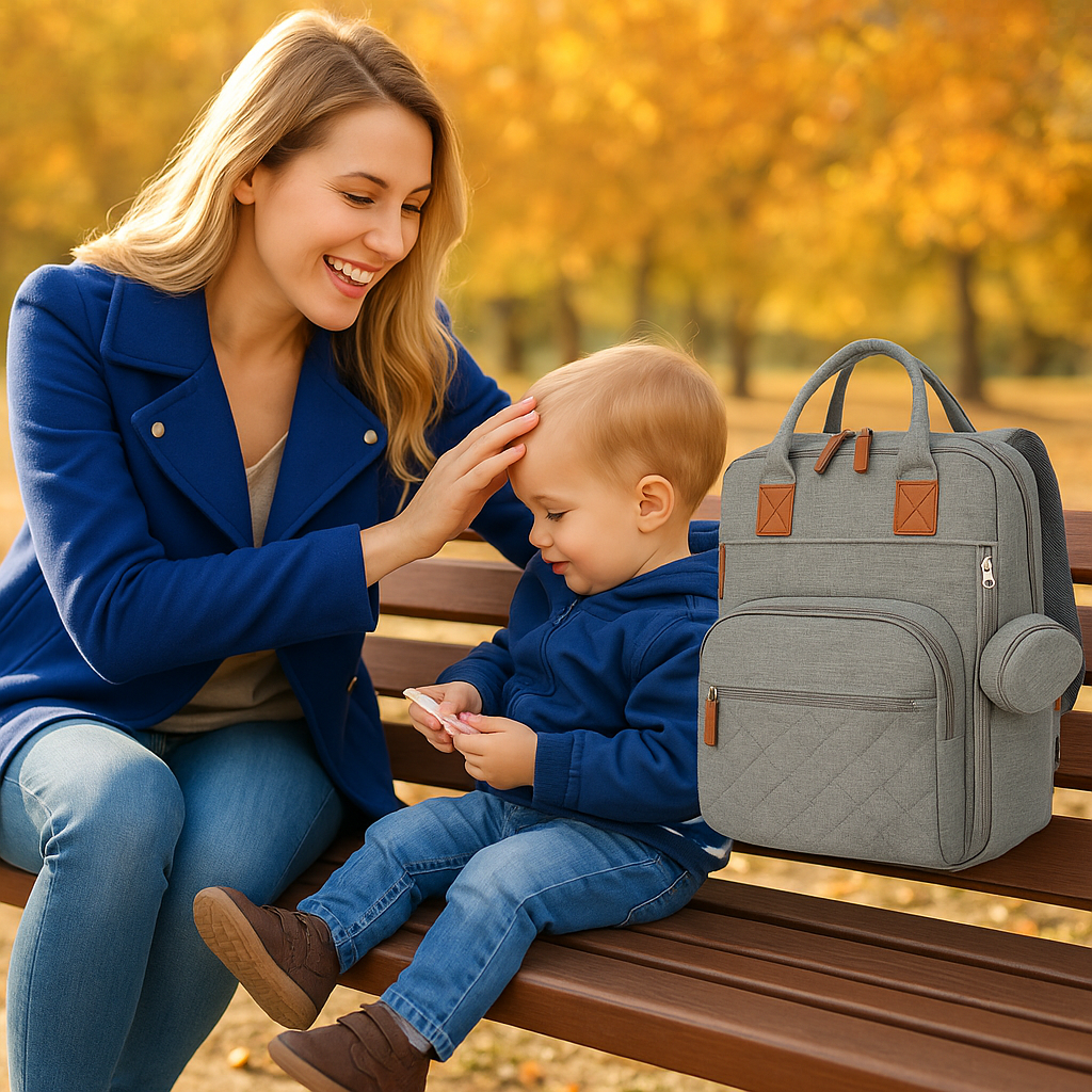 sac a langer maman et bebe sur un banc