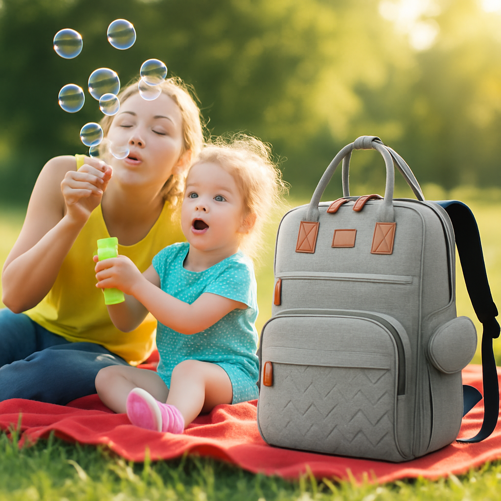 sac a langer maman et la fille font des bulles