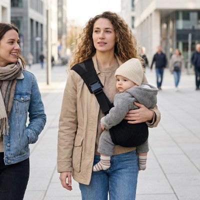 Porte bebe maman et bebe font les courses