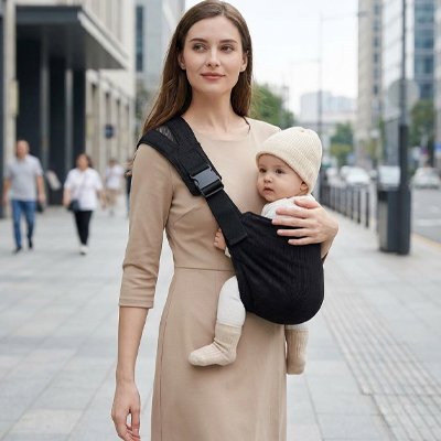 Porte bebe noir maman et bebe en ville, bebe semble confortable dans ce porte bebe