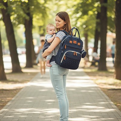 Sac a langer bleu maman porte le sac sur son epaule