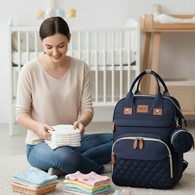 Sac a langer bleu maman prépare le sac